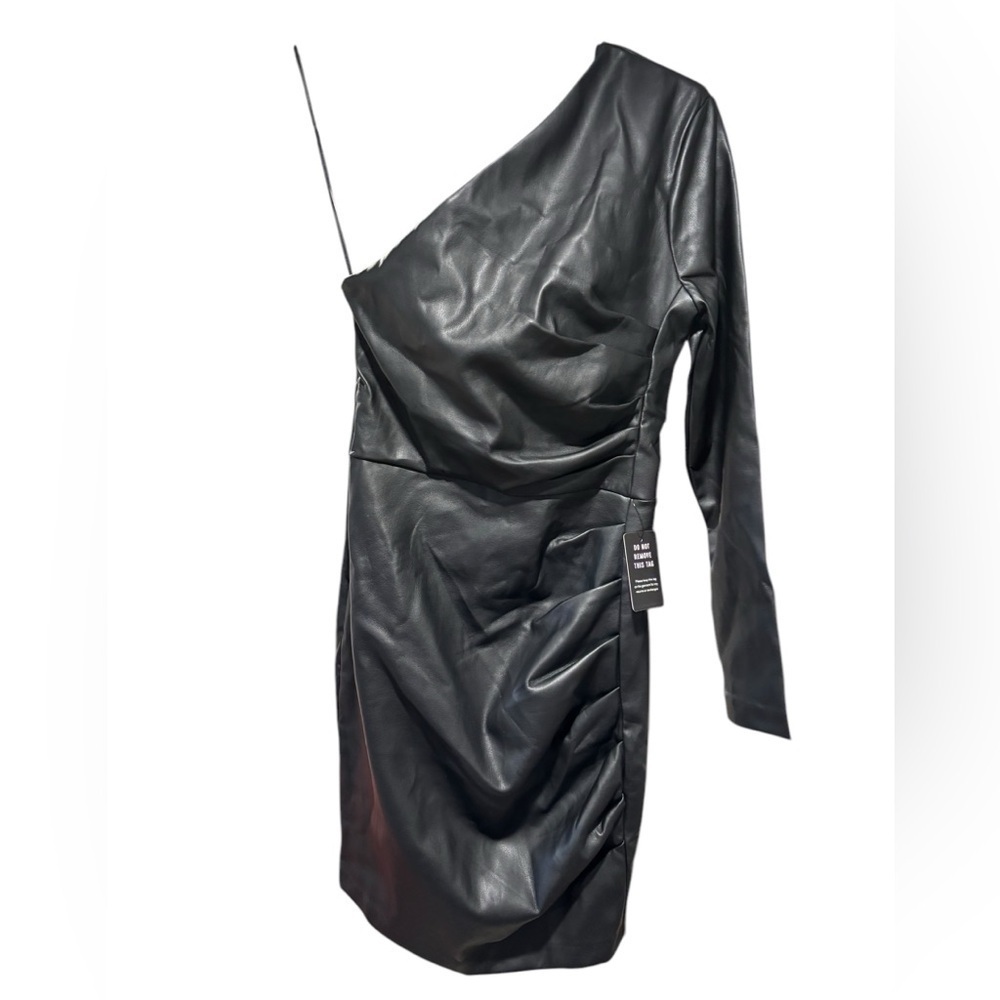 NWT Express One Shoulder Faux Leather Black Long Sleeve Bodycon Mini Dress XS